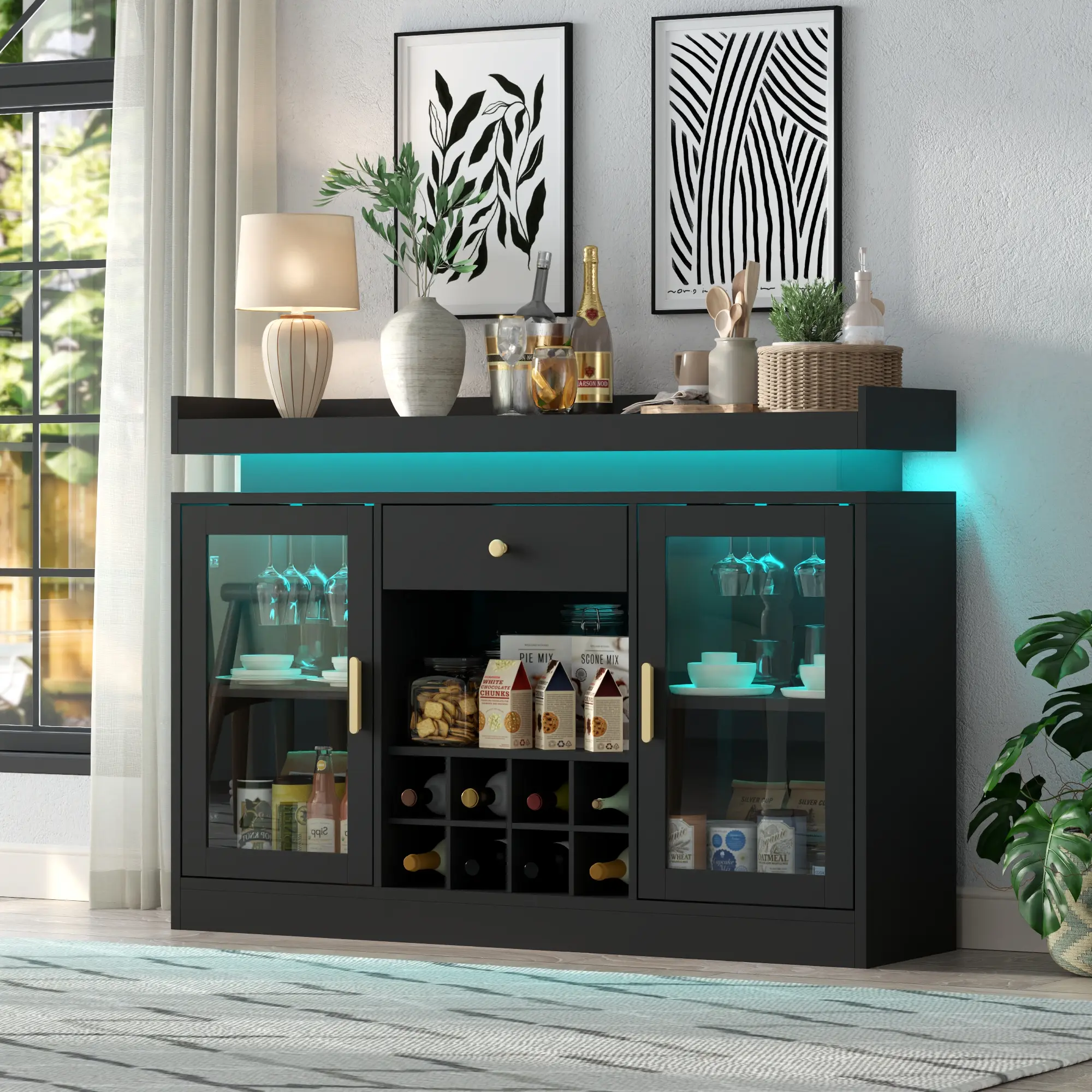 Gyfimoie Wine Bar Cabinet with LED Light, Home Coffee Bar Cabinet with Wine and Glass Rack, Freestanding Liquor Cabinets