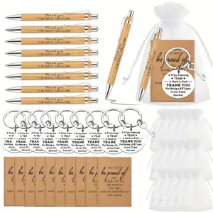 24pcs Inspirational Gift Set with Keychains and Bamboo Retractable Pens - Suitable for Employees, Staff, Volunteers - Thanksgiving and Christmas Universal Paper Thank You Bundle