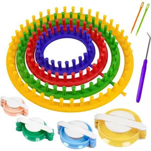Knitting Loom Kit with Pompom Maker Round Knitting Loom for Beginner 4 Sizes (4/6/8/10 Inches) Needle Set DIY Tool for Hats Scarves Handcrafts