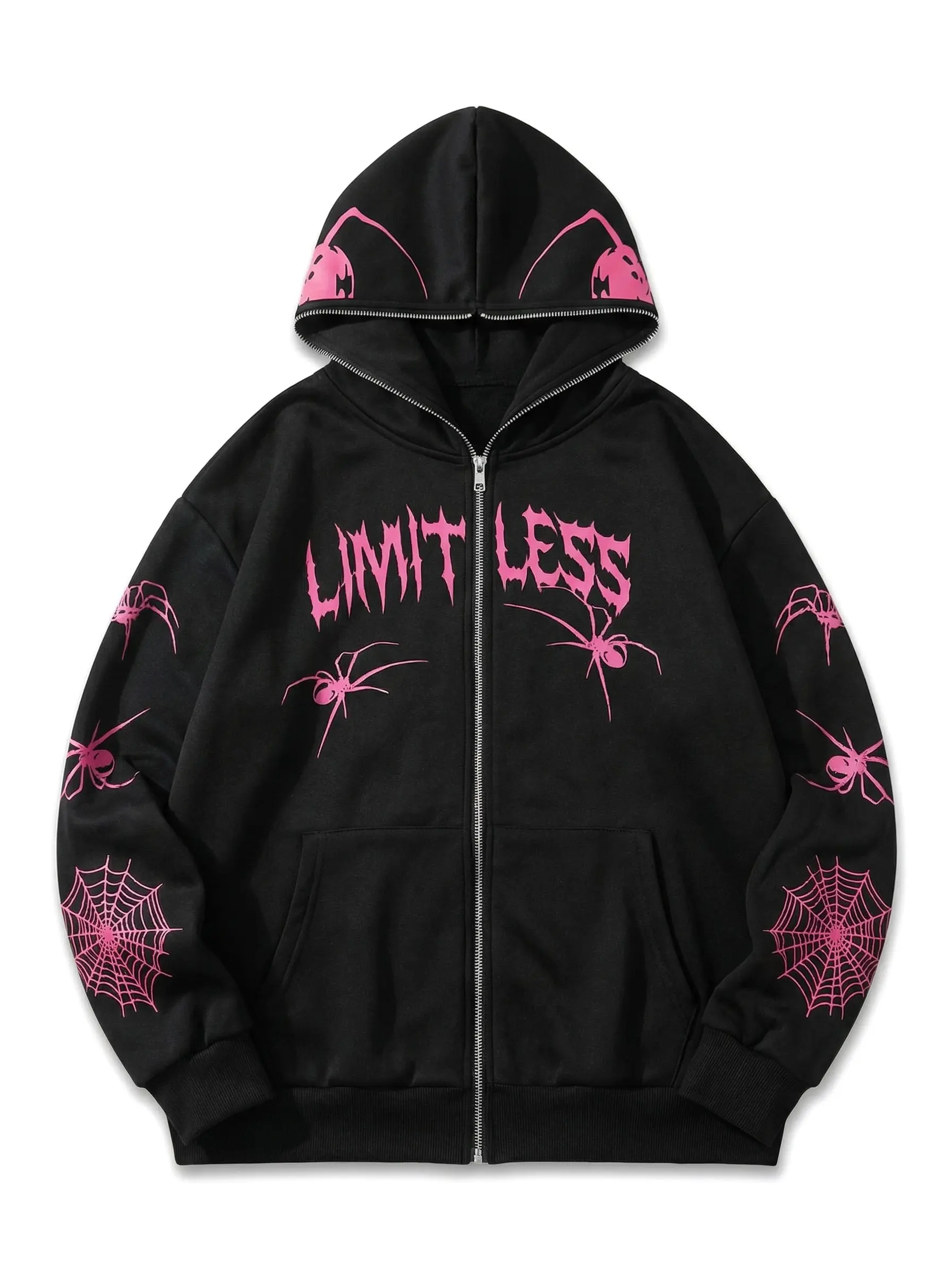 Men's Gothic Pink Spider Print Zip-Up Long Sleeve Hoodie, Streetwear Oversized Gothic Rock Tops with Limitless Letter Graphic, Punk Emo Harajuku Casual Fashion Hoodie