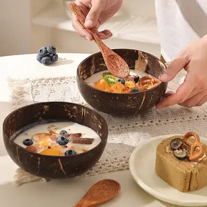Natural Coconut Shell Wooden Round Bowl & Spoon Set, Eco-Friendly Salad Ice Cream Serving Dish, Perfect for Healthy Dining, Cereal Bowls Set