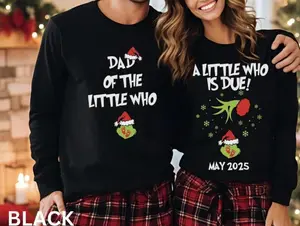 Custom A little who is due Couples Grincmas Pregnancy Announcement Sweatshirt, Christmas Maternity Sweatshirt, Matching Xmas Pregnancy Sweater, Baby Reveal Gift
