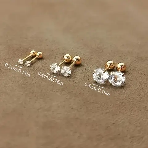 Women's Dainty Decorative Stud Earrings Stack - 1/3-Pair Set, 18K Gold-Plated Stainless Steel (Zircon + SS), Twist Shape Cubic Zirconia, 4-Prong Round Ball, 3/4/5mm 3 Pairs, Minimalist Daily Wear, Dainty Earrings