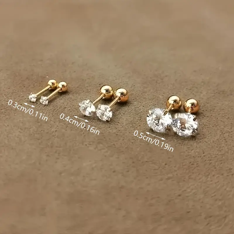 Women's Dainty Decorative Stud Earrings Stack - 1/3-Pair Set, 18K Gold-Plated Stainless Steel (Zircon + SS), Twist Shape Cubic Zirconia, 4-Prong Round Ball, 3/4/5mm 3 Pairs, Minimalist Daily Wear, Dainty Earrings