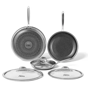 XBM Professional Hybrid Nonstick Frying Pan-7in/8in/10in/12in - Rivetless Seamless Interior, 100% PTFE/PFOA Free Ceramic Honeycomb Skillet, Tri-Ply Stainless Steel, Induction & Oven Safe  Cookware