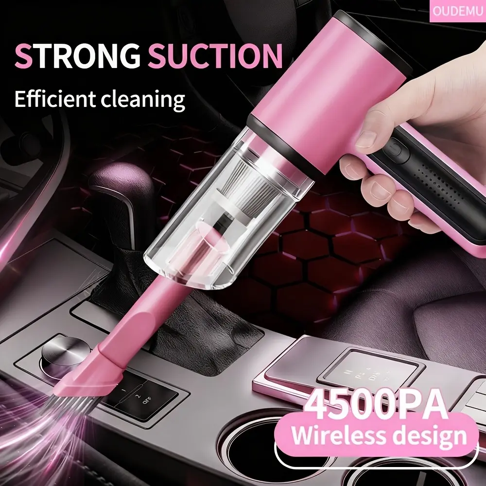 Stylish pink cordless handheld vacuum cleaner, a lightweight and portable mini vacuum for girls, with 4500PA strong suction, 2-in-1 vacuum and blower, ideal for cleaning cars, homes, and offices.