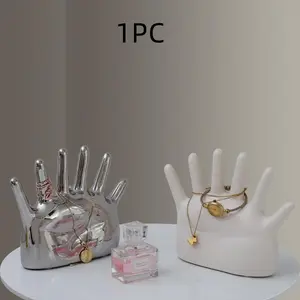 Ceramic Six-Finger Hand Jewelry Stand, Unique Decorative Prop, Ring Display Holder, Small Collectible Ornament, Creative Storage Solution