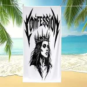 Black & White "Confession" Crowned Queen Print Beach Towel, Edgy Gothic Rock Collage Pool Towel, Soft Absorbent Quick-Dry Camping Towel, Versatile Cozy Bath Towel Blanket for Gothic & Rock Style Enthusiasts