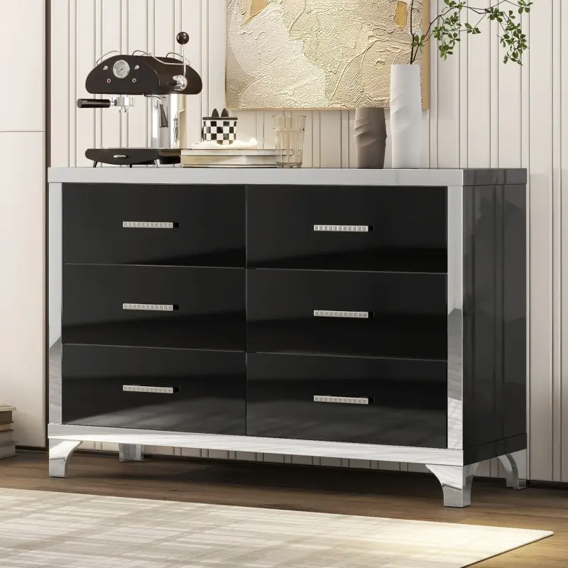 Elegant High Gloss Dresser with Metal Handle Mirrored Storage Cabinet with 6 Drawers for Bedroom Living Room Black