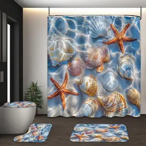 LVRLVR 4Pcs Seashell Starfish Beach Print Coastal Nautical Multi-Color Shower Curtain Set 70.8×70.8 Inch