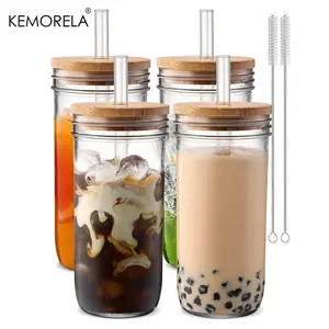 1/2/4 Piece Set Glass Cups with Lid and Straw, 24oz Reusable Wide Mouth Cup, Matcha Mug, Ice Coffee Cup, Glass Drinking Cup, Drinkware