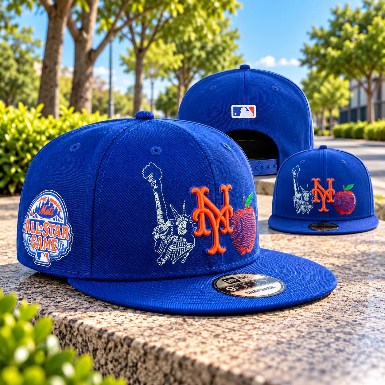 New York  Mets Blue 9FIFTY Snapback Baseball Cap – Orange NY Embroidered Logo, Statue of Liberty & Apple Design, All-Star Game Side Patch, Adjustable Flat Brim Unisex Streetwear Hat