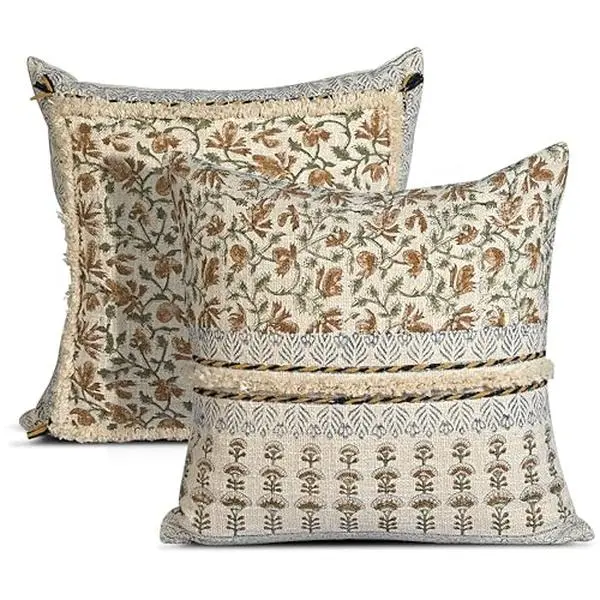 Ridhi Amber Fern Garden Block Print Cotton Handmade TNT Cushion Cover 18x18 Inch Decorative Throw Pillow Cover for Sofa, Living Room, Bedroom Decor, Soft, Cushion Case for Spring, Easter