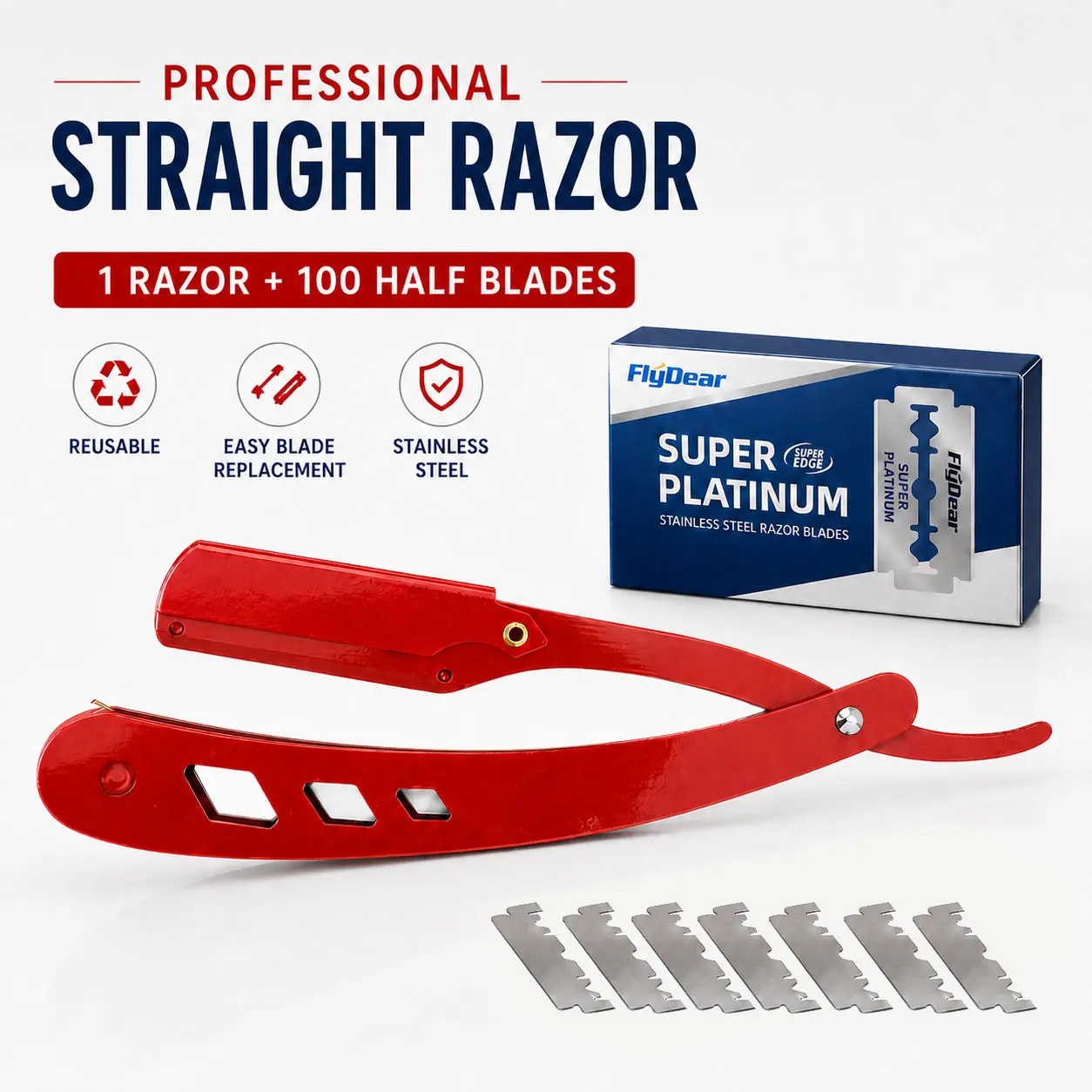 Professional Barber Straight Razor for Men - Red Smooth-Handle Straight Edge Shavette Kit with 100 Safety Blades, Reusable Stainless Steel Manual Shaver for Beard Shaping, Daily Grooming & Gifts