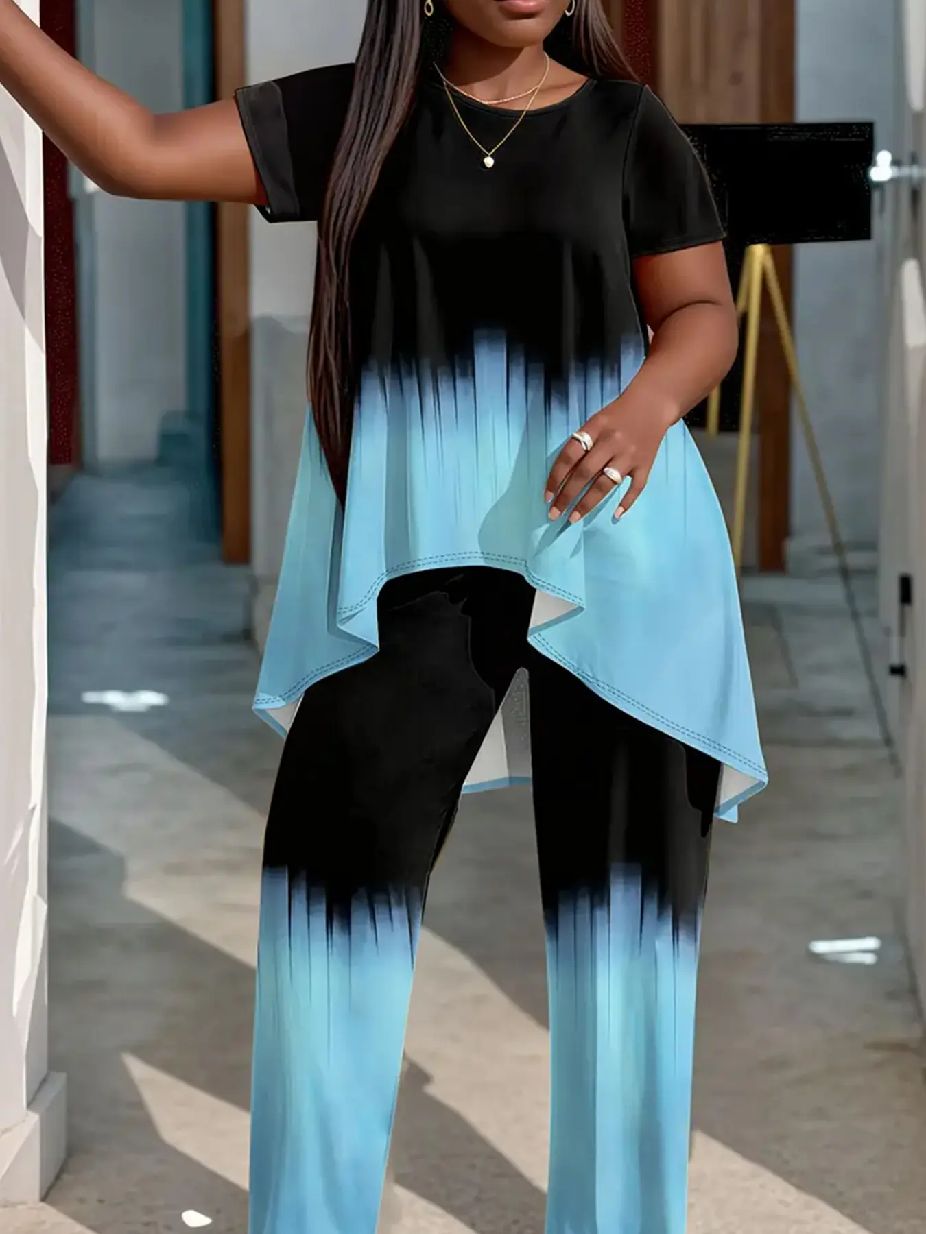 Plus Size 2 Piece Pants Set for Women, Ombre Gradient Short Sleeve High Low Tunic Top and Straight Leg Pants Matching Outfit, Loose Fit Casual Lounge Set for Vacation, Travel, Daily Wear