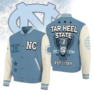 Unisex NC Varsity Bomber Jacket | Tar Heel State Inspired College Jacket | Retro Blue & White Outerwear | Casual Streetwear for Men & Women