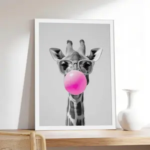 Giraffe Bubble Gum _ Funny Animal Pink Decor,Pet & Animal Canvas Print, Minimalist & Neutral-Style Poster, Bedroom Aesthetic Wall Decor.
