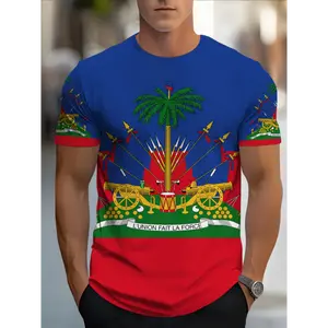 Men's Novelty T-Shirt | Vibrant Multi-Color Polyester Casual Tee with Haitian Flag & Cannon Print | Round Neck, Regular Fit | Machine Washable | Glossy Finish | Bold Graphic Design for Casual Attire, Summer Apparel | Round Neck Tshirt | Det