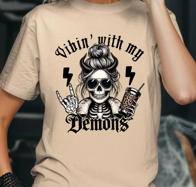Vibin with my Demons Coffee Skeleton T-shirt Casual Graphic