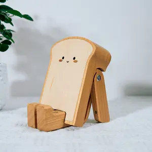 Cute Toast Phone Holder Stand Solid Wood Desk Organizer Stable Creative Tabletop Decor Fun Gift for Friends & Home Office