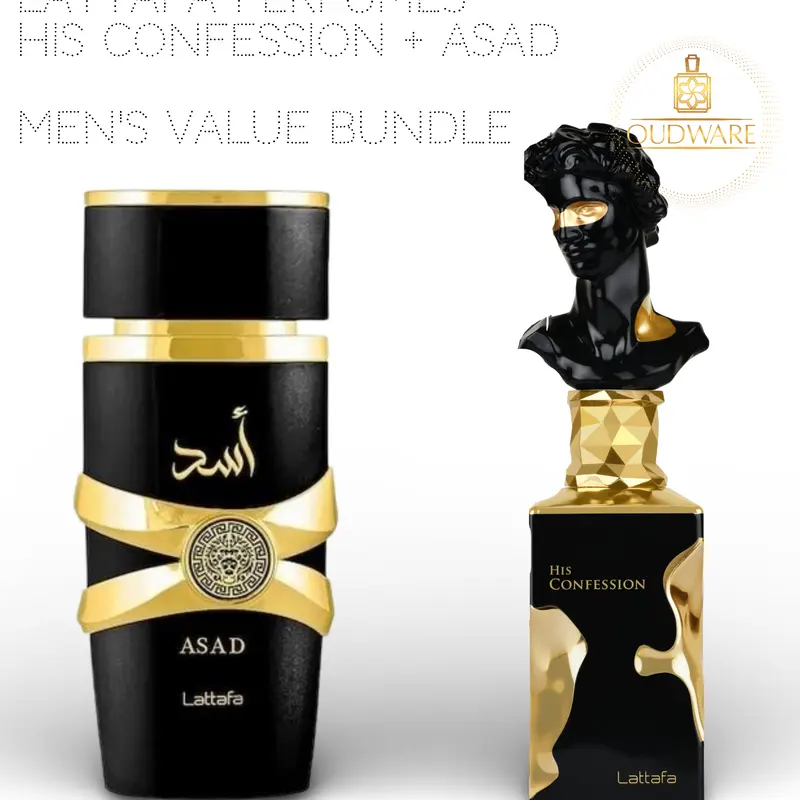 Lattafa His Confession + Asad 100ml (3.4 Oz) Men's Fragrance Value Bundle - Long Lasting, Intense Masculine, Luxurious, Musky, Powerful Scents - Luxury Gift Set, Long Lasting Fragrance, Intense Masculine Scent