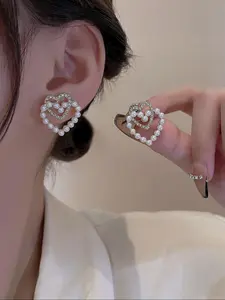 Women's 1 Pair Double Heart Faux Pearl Elegant Earrings, Elegant All-match Jewelry for Girls Gift, Female Classic Fashion Accessories for Daily Wear, Valentine's Day, Gift
