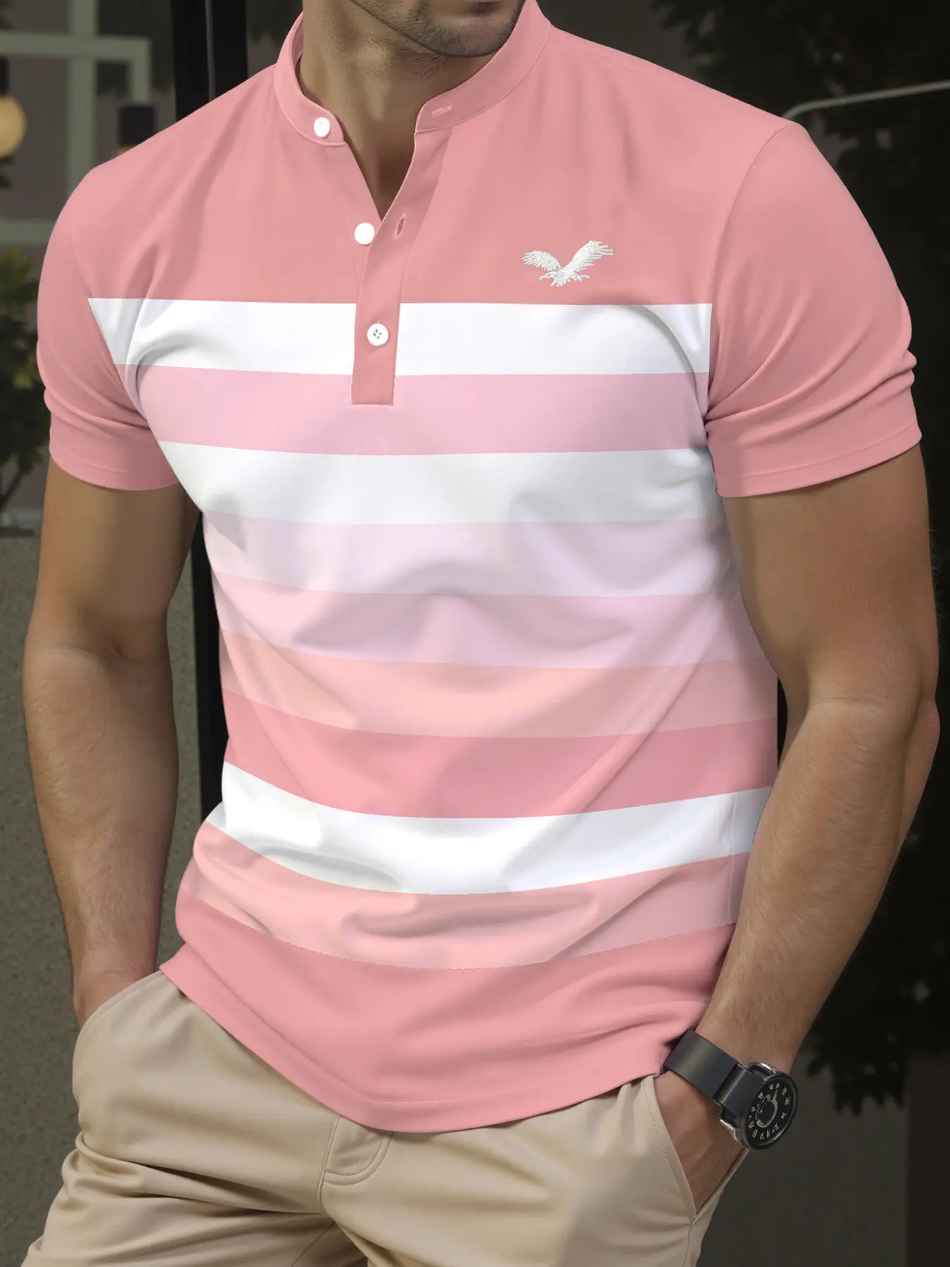 Men's Short Sleeve Fitted T-Shirt, Colorblock Casual Fit, Stand Collar Button Neck, Perfect for Daily Wear and Outdoor Sports, Ideal Gift, Clothes