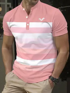 Men's Short Sleeve Fitted T-Shirt, Colorblock Casual Fit, Stand Collar Button Neck, Perfect for Daily Wear and Outdoor Sports, Ideal Gift