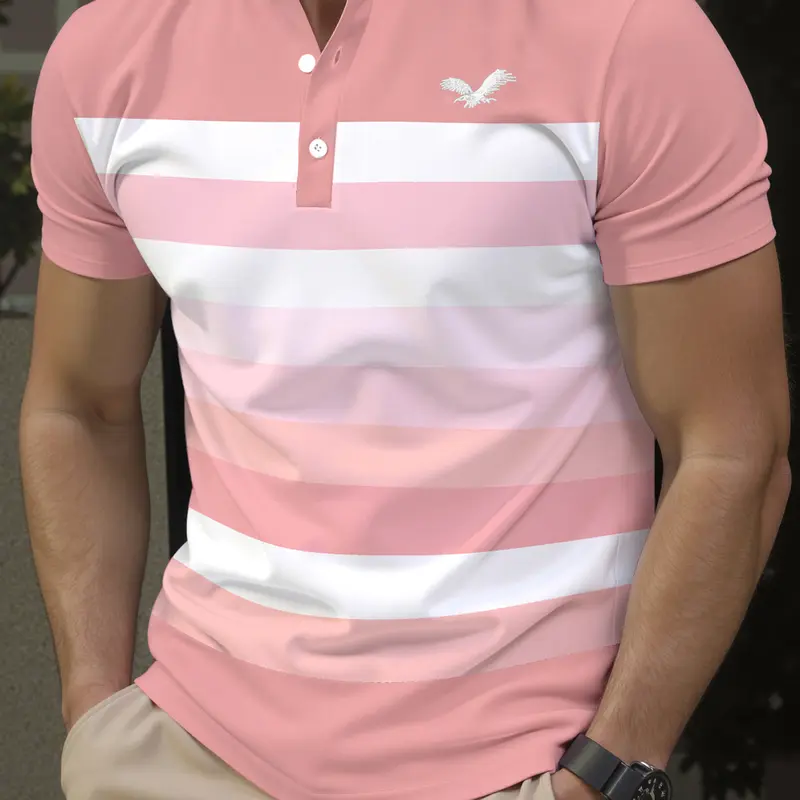 Men's Short Sleeve Fitted T-Shirt, Colorblock Casual Fit, Stand Collar Button Neck, Perfect for Daily Wear and Outdoor Sports, Ideal Gift, Clothes