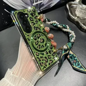 Rhinestone Decor Phone Case with Lanyard, Cellphone Fashion Phone Protective Cover, Phone Accessories Compatible with Samsung Galaxy Z Fold 3/ Z Fold 4 /Z Fold 5 /Z Fold 6/Z Fold 7, Shockproof Protection