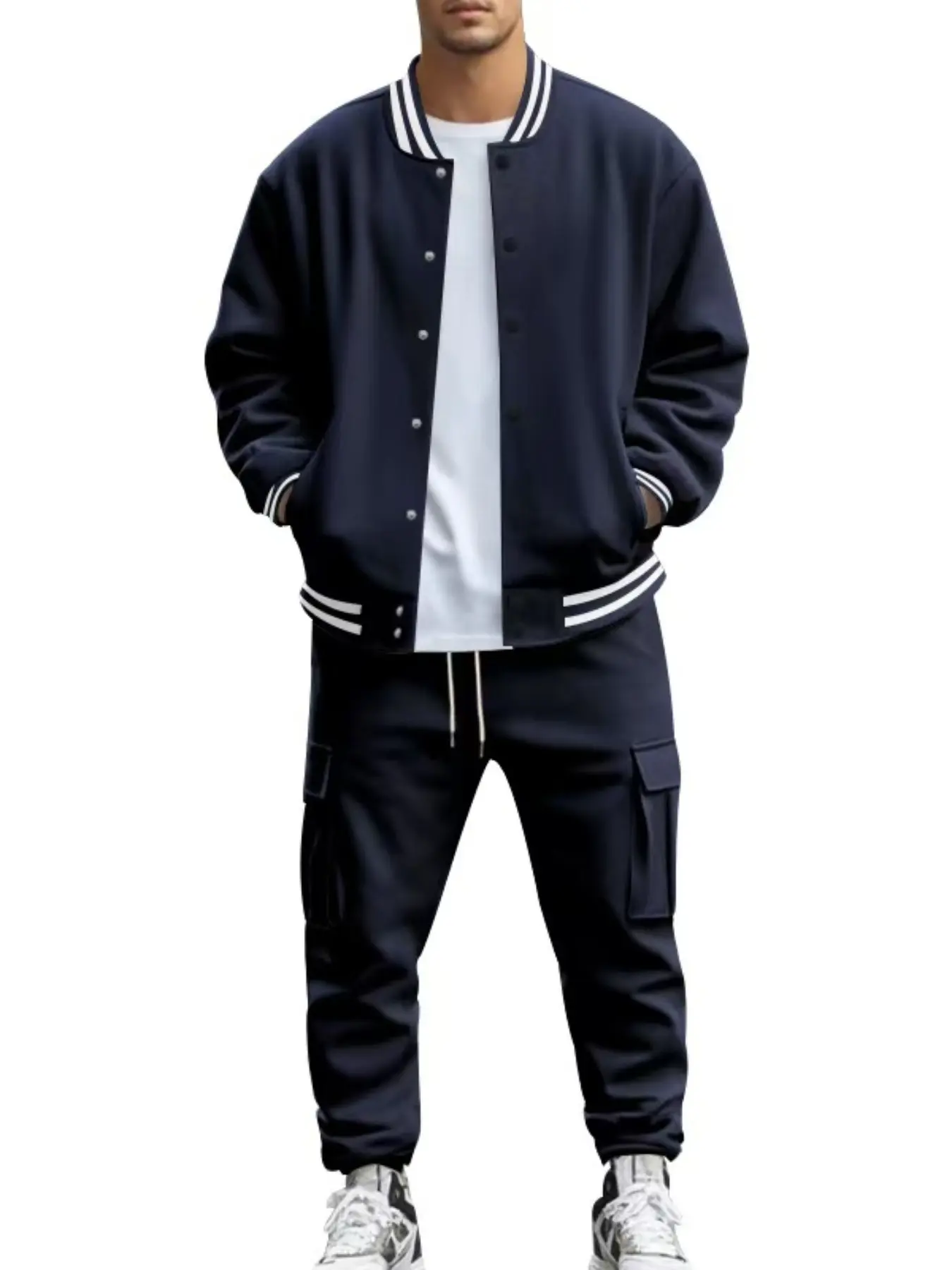 Men's Sporty Baseball Jacket & Pants Set, Full Zipper Design, Loose Fit, Long Sleeves, Fall Winter Gym Streetwear。Unisex Baseball Tracksuit - Retro Bomber Jacket + Jogger Pants, Autumn Winter Warm Couples Outfit