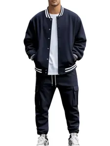 Men's Sporty Baseball Jacket & Pants Set, Full Zipper Design, Loose Fit, Long Sleeves, Fall Winter Gym Streetwear。Unisex Baseball Tracksuit - Retro Bomber Jacket + Jogger Pants, Autumn Winter Warm Couples Outfit