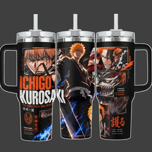 [Gift Box Included] 40oz, 20oz Bleach Ichigo Substitute Soul Reaper Orange Black Battle Manga Panel Print Stainless Steel Tumbler with Handle and Straw Vacuum Insulated Travel Mug Fits Car Cup Holder Cool Gift for Anime Fans
