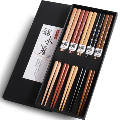 Wooden Chopsticks, 5 Pairs Reusable Chopsticks, Non-slip Japanese Style Utensils, Tableware, Summer for Gift, Set