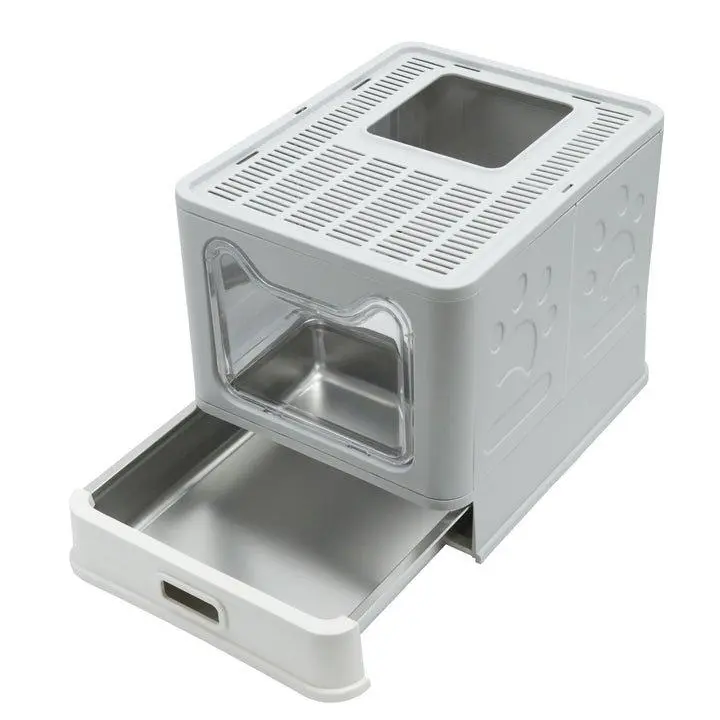 Bingopaw Stainless Steel Cat Litter Box w/ Scoop Enclosed Drawer Litter Box Odorless Gray Litterbox stainless steel litter box