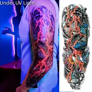 Glow-In-The-Dark Full Arm Temporary Tattoo, Tiger Koi Fish Design, Large Rectangular Patch, Perfect for Festivals & Parties
