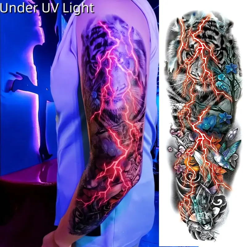 Glow-In-The-Dark Full Arm Temporary Tattoo, Tiger Koi Fish Design, Large Rectangular Patch, Waterproof Temporary Tattoos, Fake Tattoos, Perfect for Festivals & Parties, Aesthetic Tattoo Merch