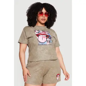 Plus Size Acid Wash Mouth Graphic Tee