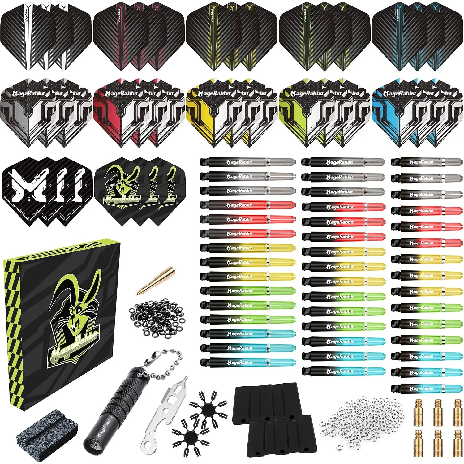 Outdoor Dart Accessories Kit Complete 195 Piece Set Including 36 Dart Flights 45 Dart Shafts Dart Sharpener Dart Stems Remover Tool 50 Metal Rings 50 Rubber Rings For Steel Tip And Soft Tip Darts