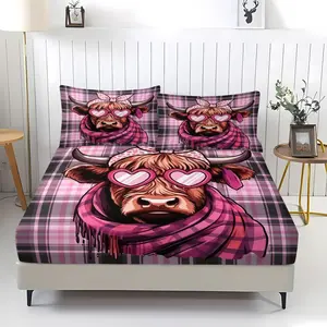 Cute Pink Check Highland Cow Pattern Fitted Sheet, Girly Style Bedding Set (1 Sheet + 2 Pillowcases, No Pillow Insert), Suitable For Girls, Teenagers, Adults, Bedrooms, Dormitories, Guest Rooms