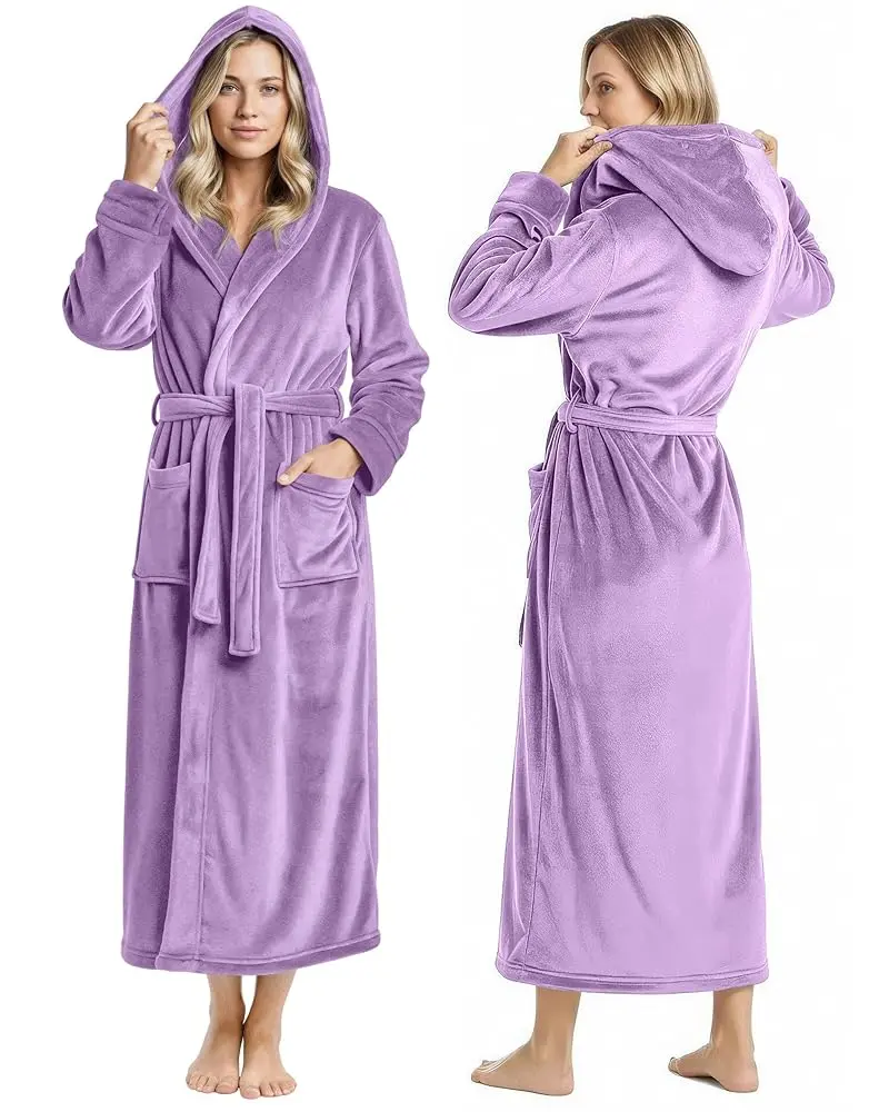 NY Threads Women's Soft Flannel Long-Sleeve Plush Fleece Hooded Bathrobe with Pockets - Adjustable Belted Nightwear & Day Loungewear Gown