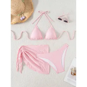 3-Piece Basic Swimming Set for Women: Solid Color Halter Swimsuit, Triangle Bikini Bottoms, Summer Swimwear Set with Cover-Up Skirt