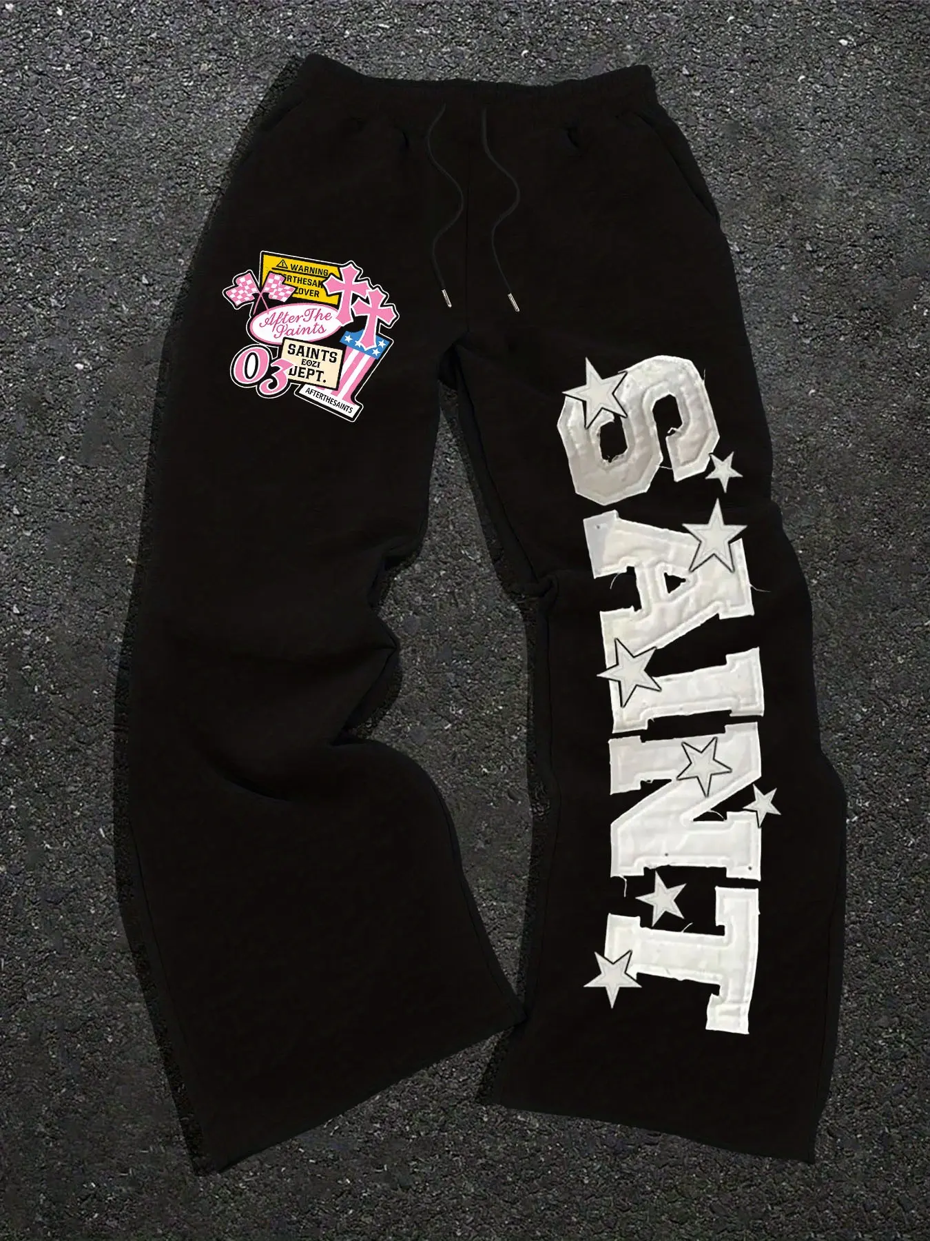 "SAINT" Patchwork Geometric Wide Leg Sweatpants | Christian Streetwear Flared Casual Street Style Pants, Casual Fashion Bottoms