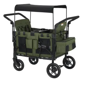 Stroller Wagon for 4 Kids, All-Terrain, Premium Wagon Stroller for Kids with Safety Harness, 5-Point Harness Belt, Snack Tray, Removable Canopy & Flat Fold, One-Step Brake, Green