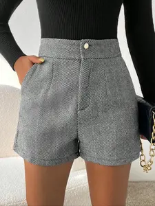 Women's High Waist Herringbone Shorts, Fashionable Casual Woven Fabric, Fitted Style for All Seasons, Versatile Daily Wear Everyday Short