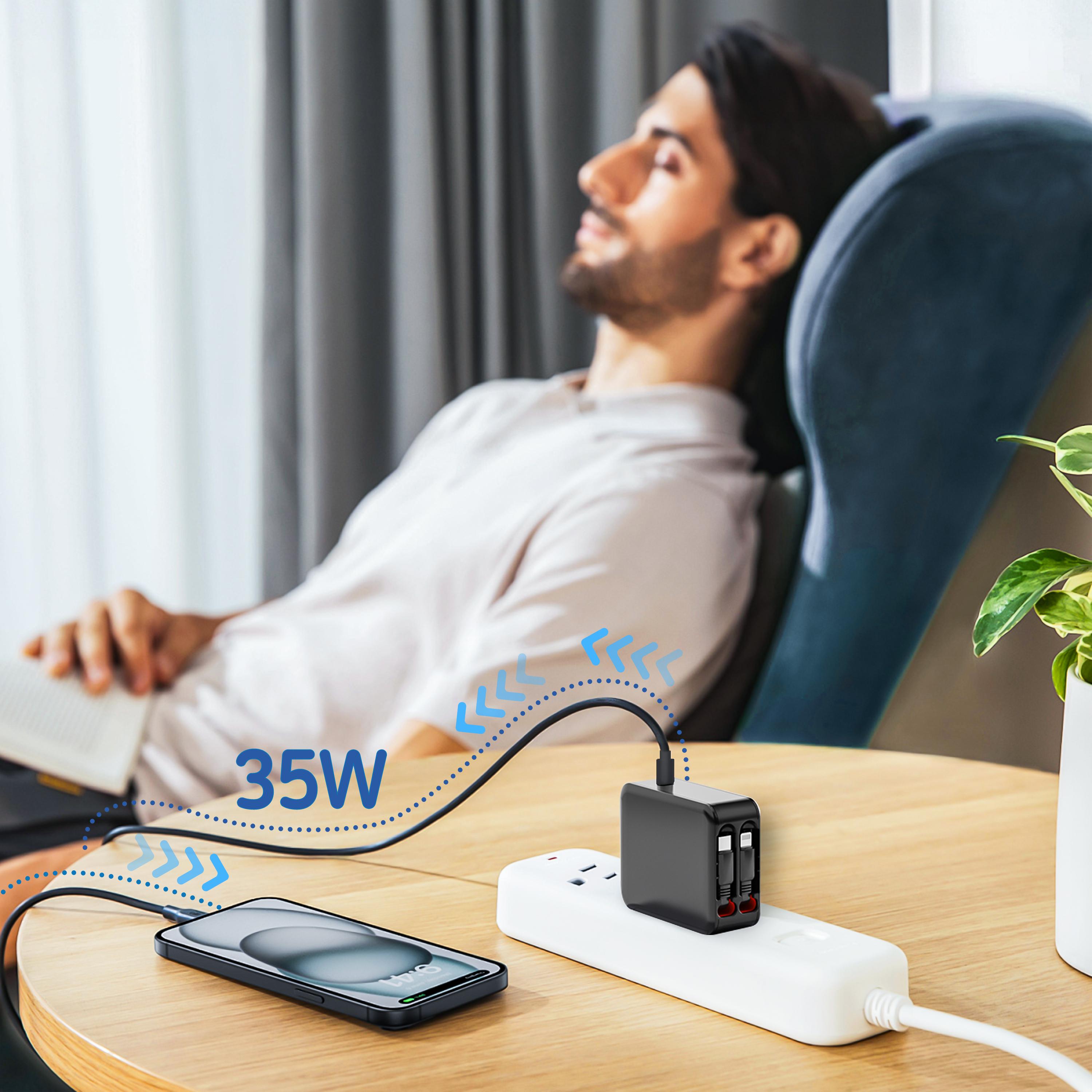 35W Retractable Wall Charger with Dual Cables & 3-Port USB Hub, Fast Charging for iPhone 16/15/14/13/12/11, iPad, Tablets, Samsung, LG & More