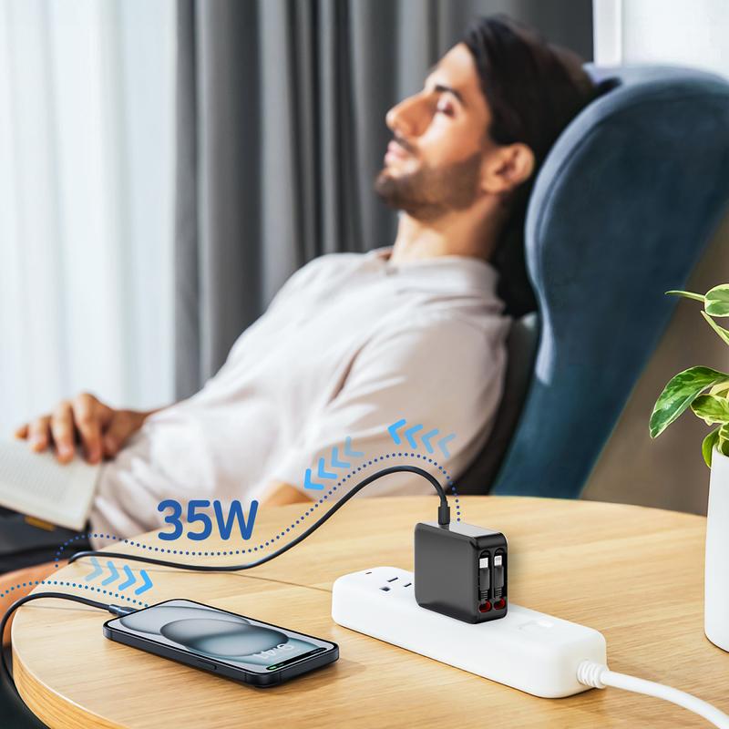 35W Retractable Wall Charger with Dual Cables & 3-Port USB Hub, Fast Charging for iPhone 16/15/14/13/12/11, iPad, Tablets, Samsung, LG & More