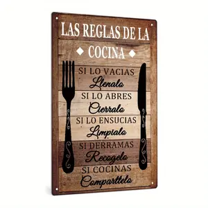 Vintage Spanish "Las Reglas de la Cocina" Metal Wall Art - Rustic Farmhouse Kitchen Decor with 7 Cooking Rules, Metal Metal Sign for Home, Dining Room, Restaurant, Unique Gift Idea, Vintage Kitchen Decor, Distressed Finish, 2D