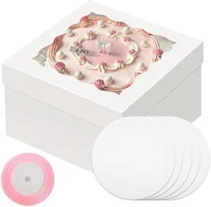 White 10x10x8 Cake Box, 4 Sets Cake Box with Window ＆ 4 Sets Cake Round Boards, 10inch Cake Containers, 10 Meters Pink Silk Ribbon Includes