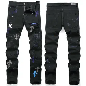 European and American High Street Black Cross Badge Rhinestone Distressed Jeans Men's Slim Fit Casual Long Pants Trendy Brand Streetwear Menswear